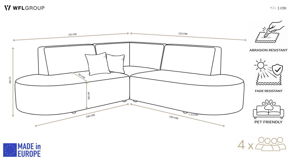ECKSOFA Nora L-Form 3-Sitzer Universell, Samt, Schwarz 223/73/223 cm - Schwarz Hochglanz/Schwarz, Kunststoff/Textil (223/223cm) - WFL GROUP