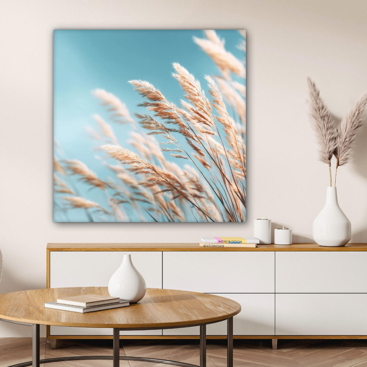 LEINWANDBILD Ziergras - Wind - Hellbraun Deko Groß 90x90 cm - Hellblau, Textil (90/90cm) - MuchoWow