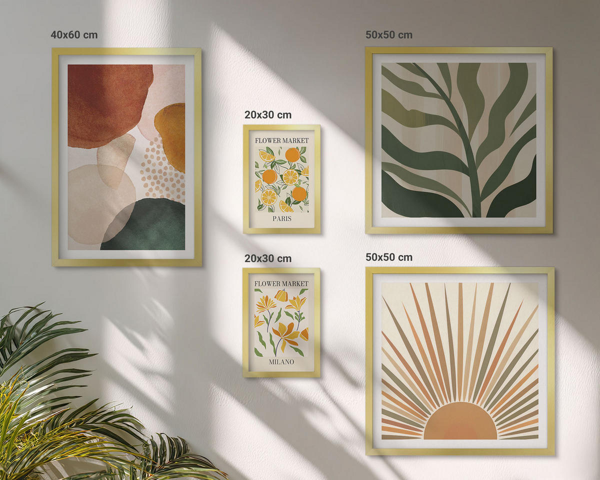 WANDBILDER 5er Set - 50x50 cm & 20x30 cm & 40x60 cm Goldrahmen - Abstrakte Blumenmotive - Goldfarben, Kunststoff (40/60cm) - ArtPrintCave