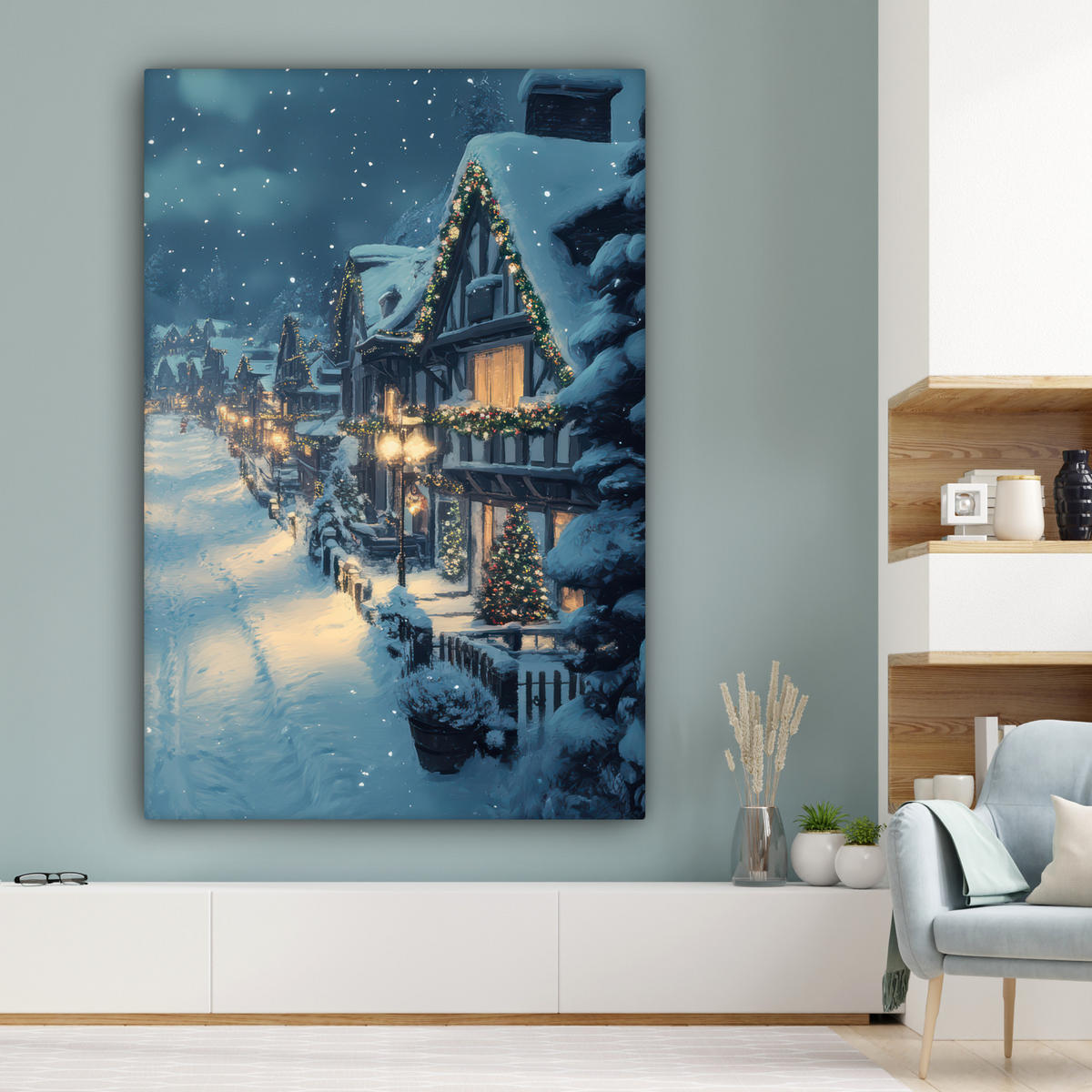 LEINWANDBILD Weihnachtsdorf - Weihnachten - Schnee - Winter 90x140 cm - Dunkelblau, Textil (90/140cm) - MuchoWow