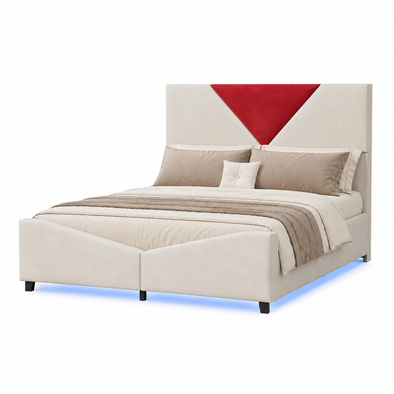 POLSTERBETT 140/200 cm mit großem Bettkasten, LED-Unterbeleuchtung, zweifarbiges gepolstertes Kopfteil, Velours-Bezug - Beige, Holz/Metall (140/200cm) - Joyfair
