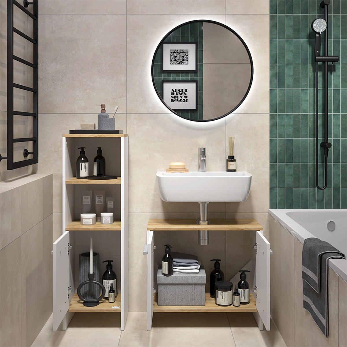 SESTAVA KOUPELNOVÉHO NÁBYTKU Karli Bílý/zlatý dub - bílá, kompozitní dřevo (63.8/57/26.3cm) - Vicco