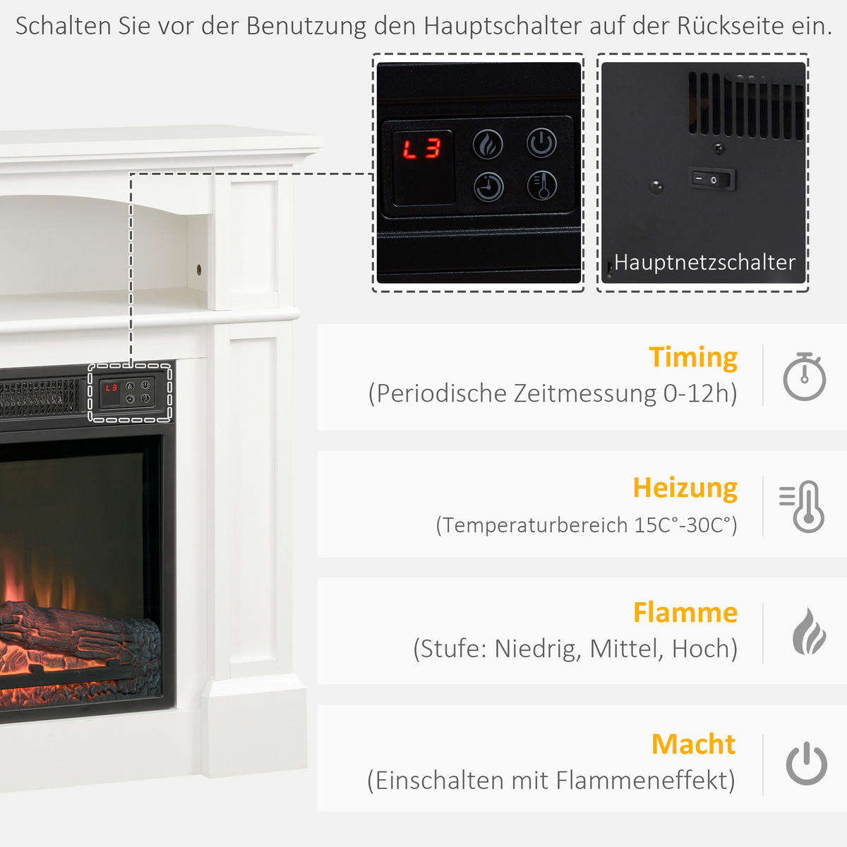 ELEKTROKAMIN 1800 W Standkamin mit Heizung, 3D LED-Flammeneffekt, Weiß - Weiß, Metall (32.3/80.5/80.5cm) - HOMCOM
