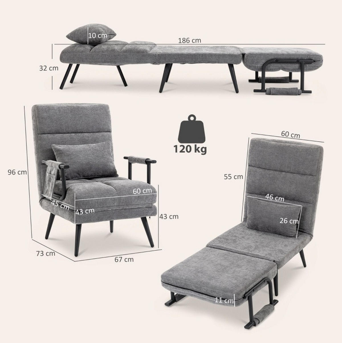 SCHLAFSESSEL in Grau 67x73x96 cm mit Schlaffunktion und 5-fach verstellbarer Rückenlehne - Grau, Metall (73/96/67cm) - IVMEU