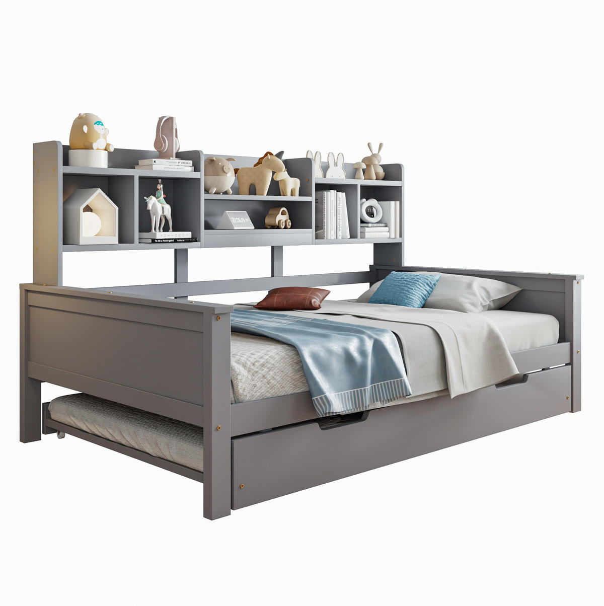 HOLZBETT 90/200 cm aus Kiefer mit Ausziehbett, Stauraum und inkl. Lattenrost - Grau, Holz (90/200cm) - BEAOK