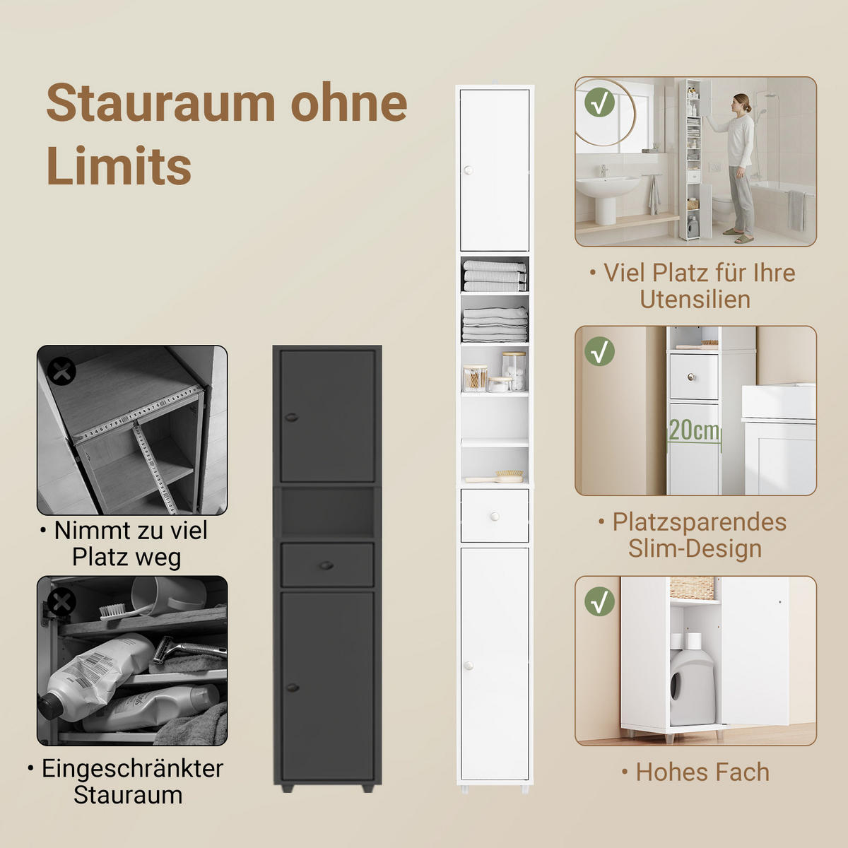 HOCHSCHRANK schmal Badschrank Weiß 20x180x20cm - Weiß, Holzwerkstoff (20/180/20cm) - SoBuy
