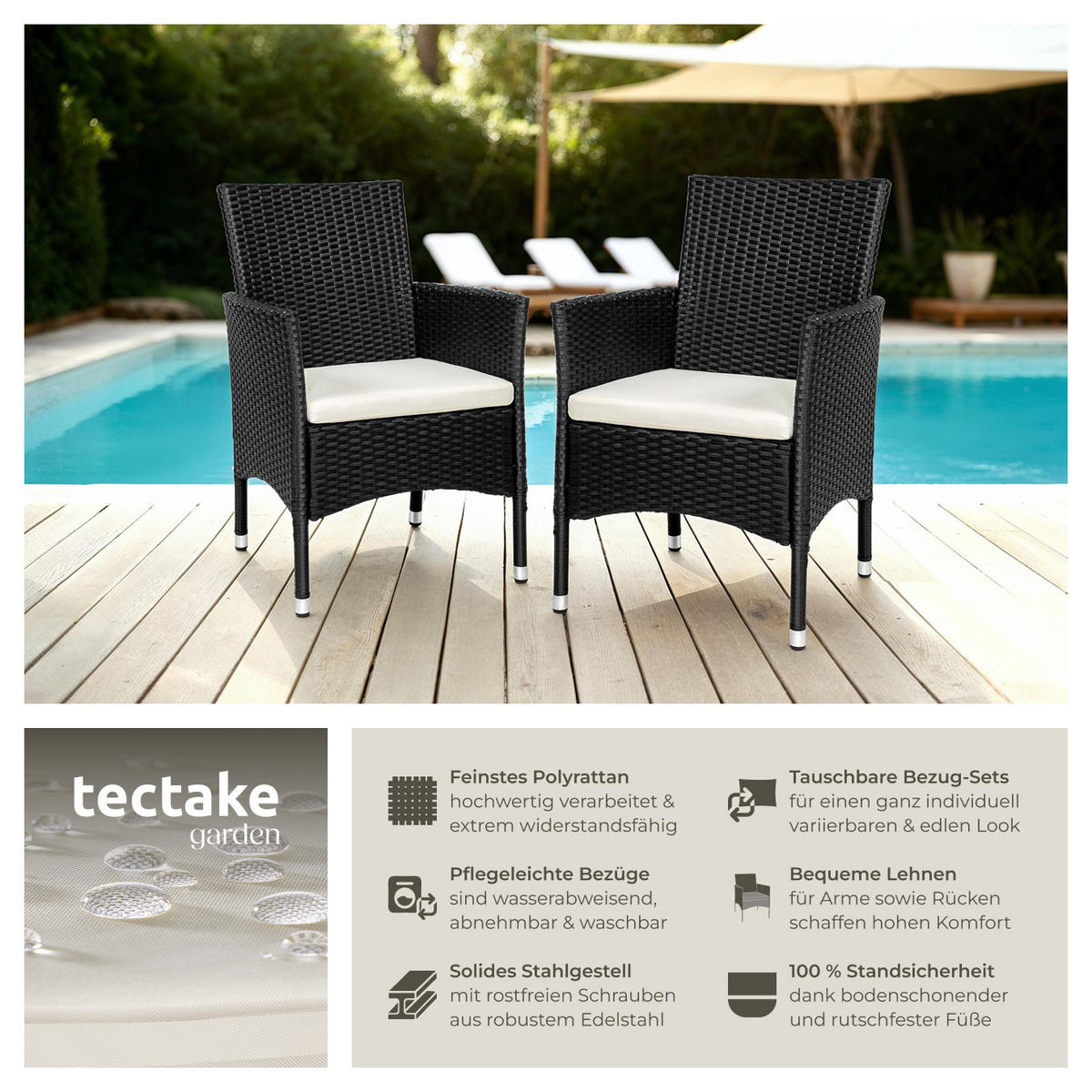 RATTANSTUHL 2er Set Nantes,59 x 57 x 85 cm,schwarz/beige - Beige/Schwarz, Kunststoff (57/85/59cm) - tectake