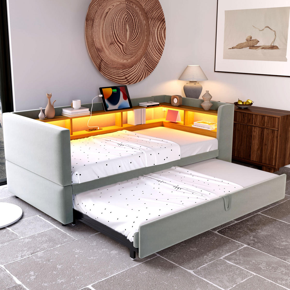 ČALÚNENÁ posteľ z flanelu 90x190 cm svetlosivá s LED osvetlením, zásuvkami a úložnými priehradkami - svetlosivá, textil (90/190cm) - Modfu
