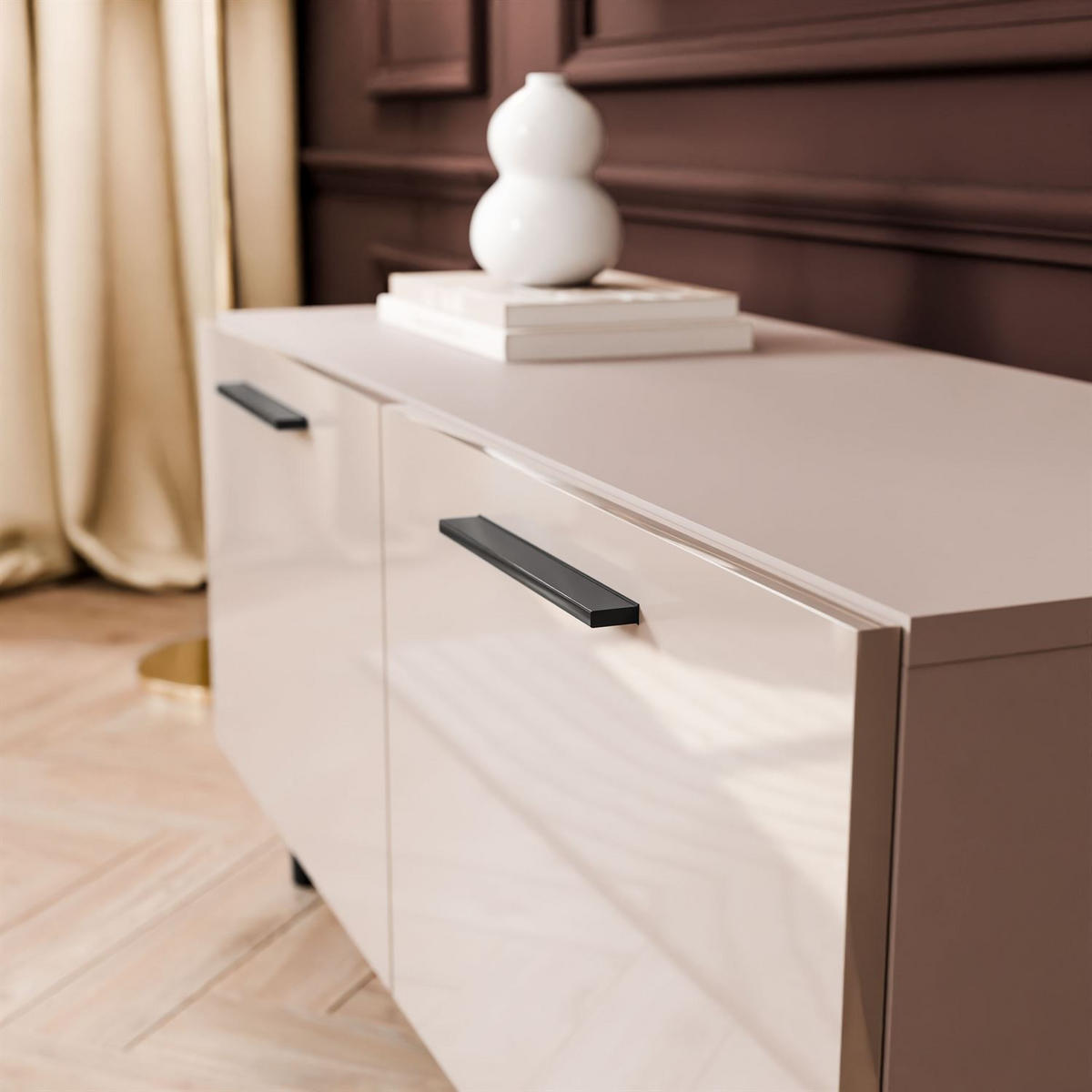 TV-ELEMENT AURA 100 KASCHMIR Hochglanz auf schrägen schwarzen Beinen + LED - Kaschmir/Schwarz, Holzwerkstoff (100/49/40cm) - Lookway