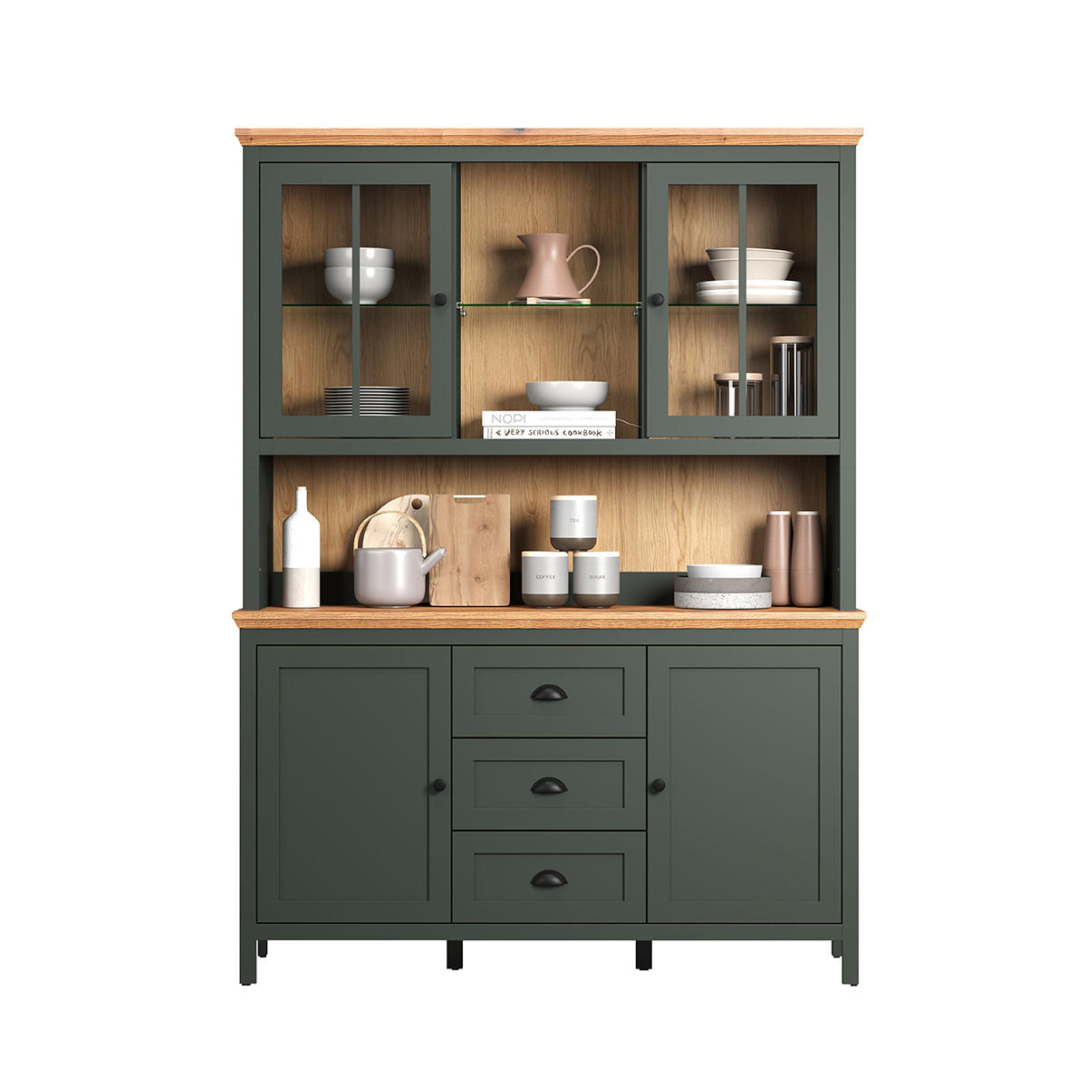 BUFFETSCHRANK mit LED-Beleuchtung, 4 Türen, 3 Schubladen und 2 Nischen H198 cm - Stanton - Grün, Holzwerkstoff (146/146/198cm) - Trendteam