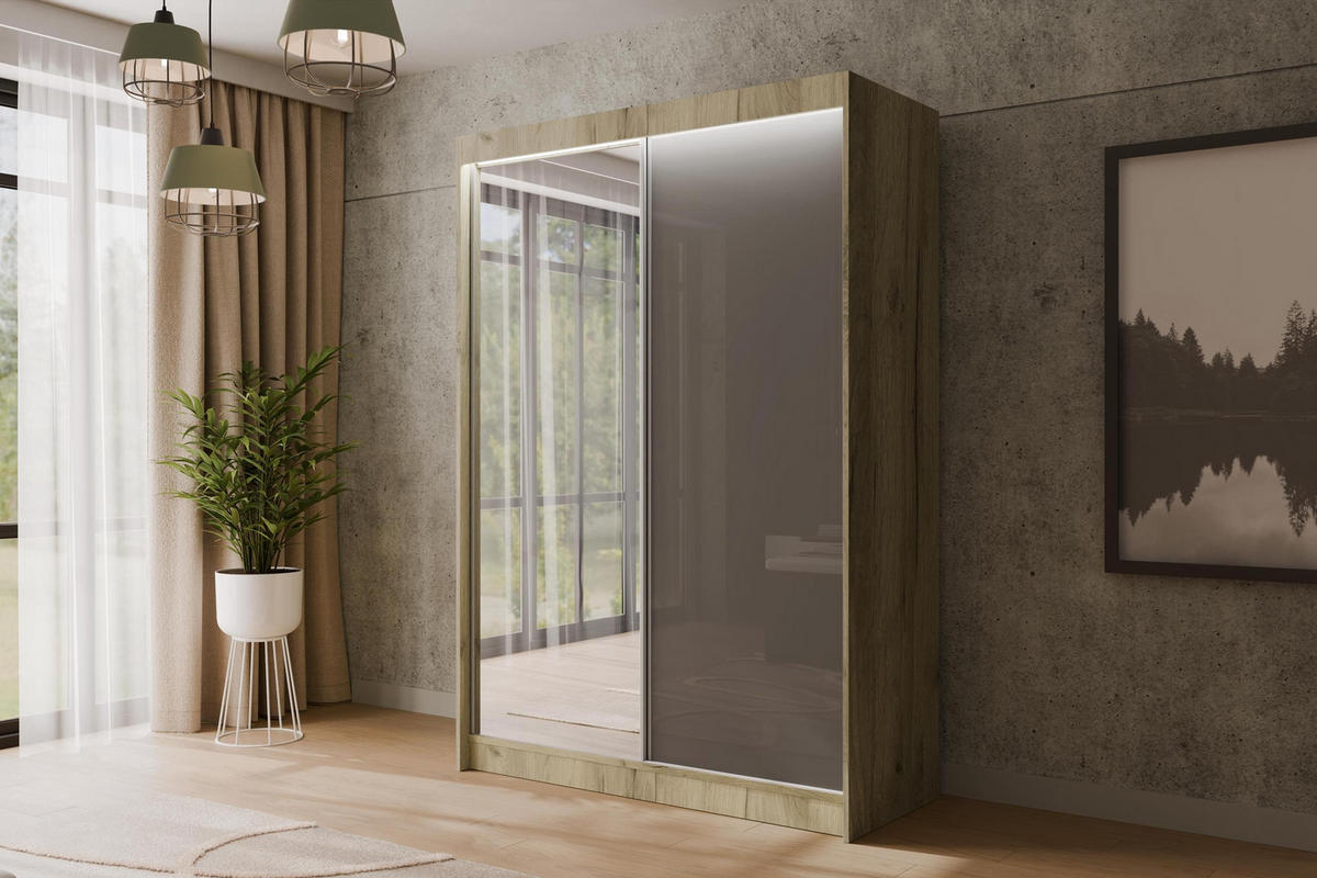 KLEIDERSCHRANK VESLI mit LED - 120 cm - Braun|Grau - Braun/Grau, Holzwerkstoff (120/215/61cm) - ALTDECOR