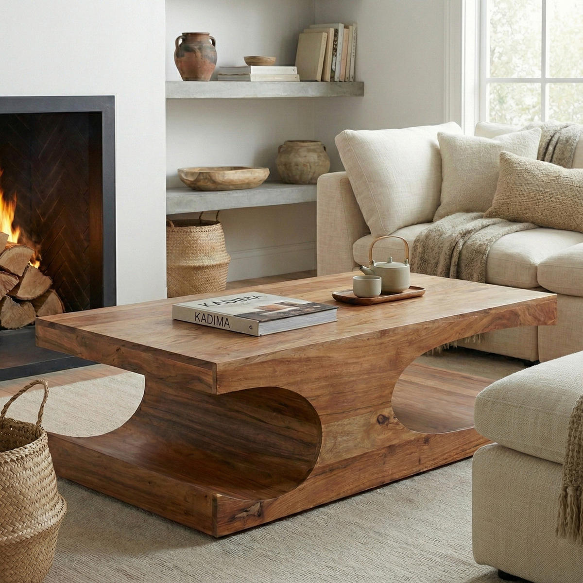 COUCHTISCH Massivholz mit zwei Ablagefächern, handgefertigt und pflegeleicht, Beige 118x70x38 cm - Beige, Holz (70/118/38cm) - KADIMA DESIGN