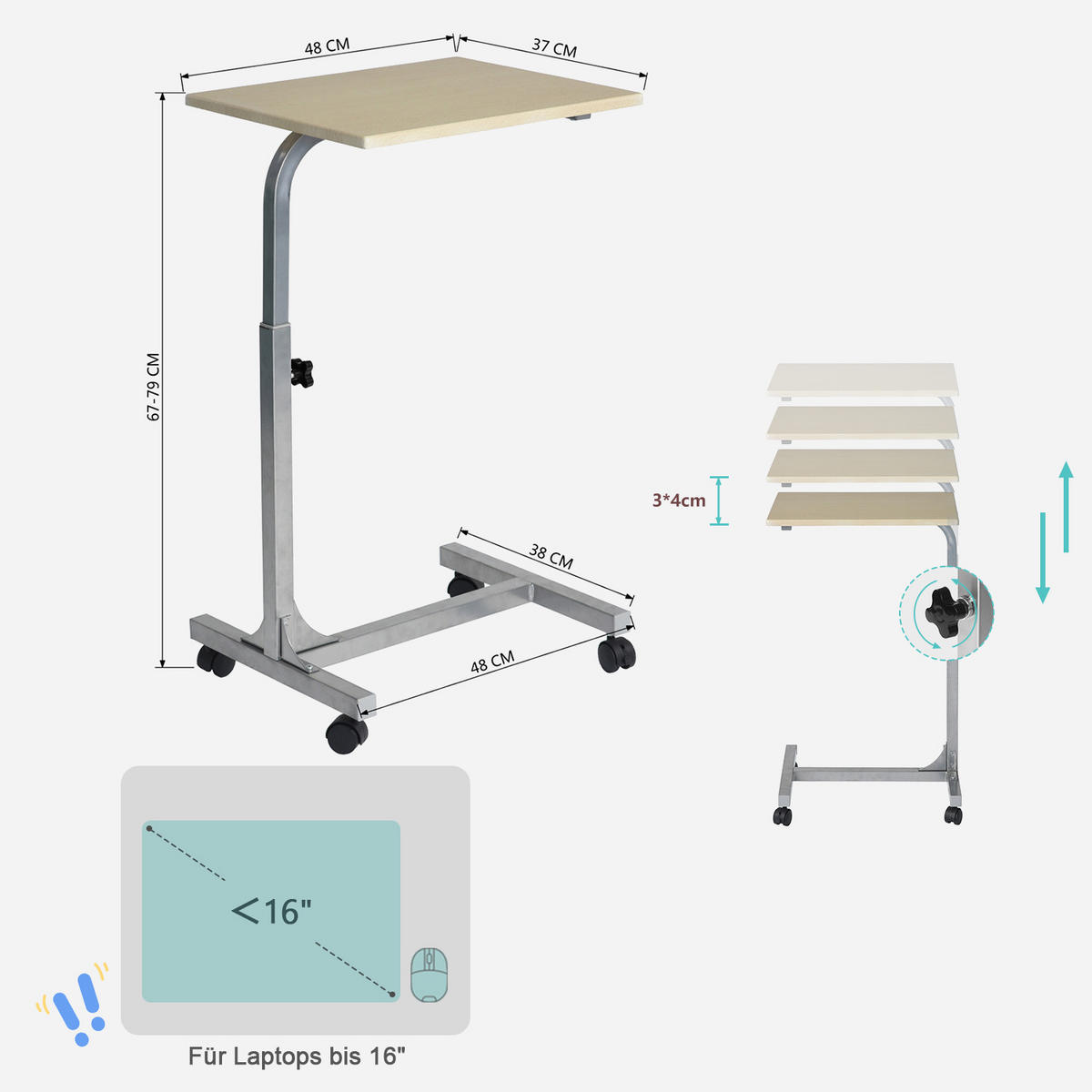 LAPTOP-BEISTELLTISCH, höhenverstellbar, mit 4 Rollen, für Bett und Sofa, Silber - Eichefarben, Holzwerkstoff/Metall (48/37/79cm) - Meubles Cosy