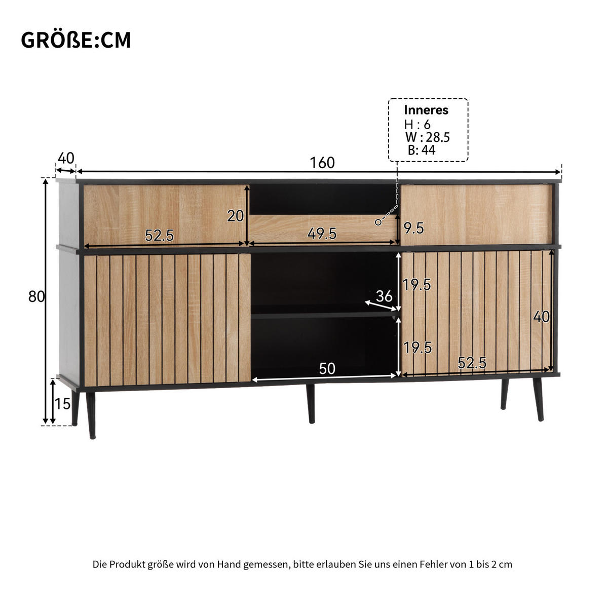 KOMMODE 160/40/80 cm aus Spanplatte mit 4 Schiebetüren und 1 Schublade Schwarz/Natur - Schwarz, Holzwerkstoff (160/80/40cm) - Modenvie