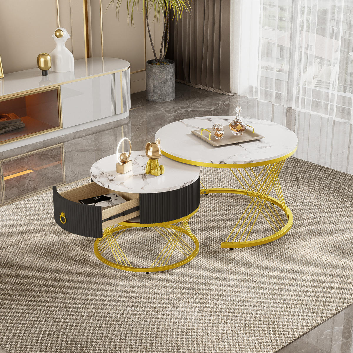 COUCHTISCH 2er Set Marmoroptik Gold - Weiß, Holz (70/70/45cm) - Fortuna Lai