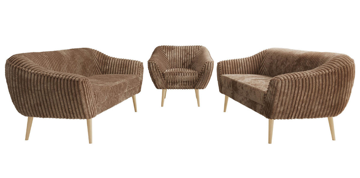 SEDACÍ SOUPRAVA 3+3+1 PIRS - Hnědá Manšestr - Dřevěné nohy - barva buku/hnědá, kompozitní dřevo/textil (180/75/74cm) - MKS