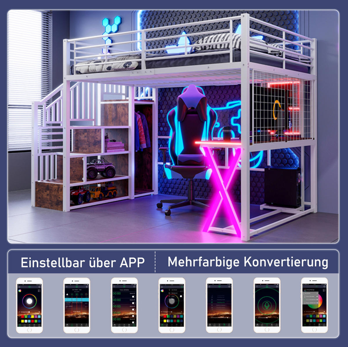 HOCHBETT 140/200 cm, Weiß mit Schreibtisch, Kleiderschrank, ohne Matratze - Weiß, Metall (140/200cm) - MIVRAY