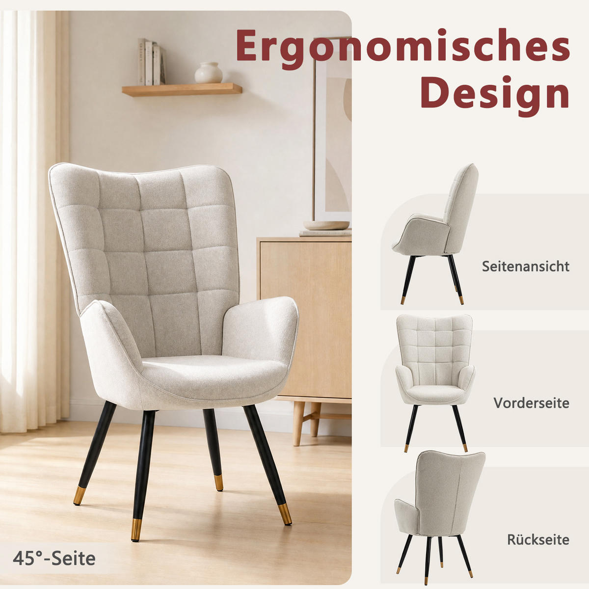 RELAXSESSEL aus Stoff im skandinavischen Stil, gepolsterte Sitzfläche mit Armlehnen, schwarze und goldene Metallbeine in Beige - Beige, Textil/Metall (50/106/68cm) - Meubles Cosy