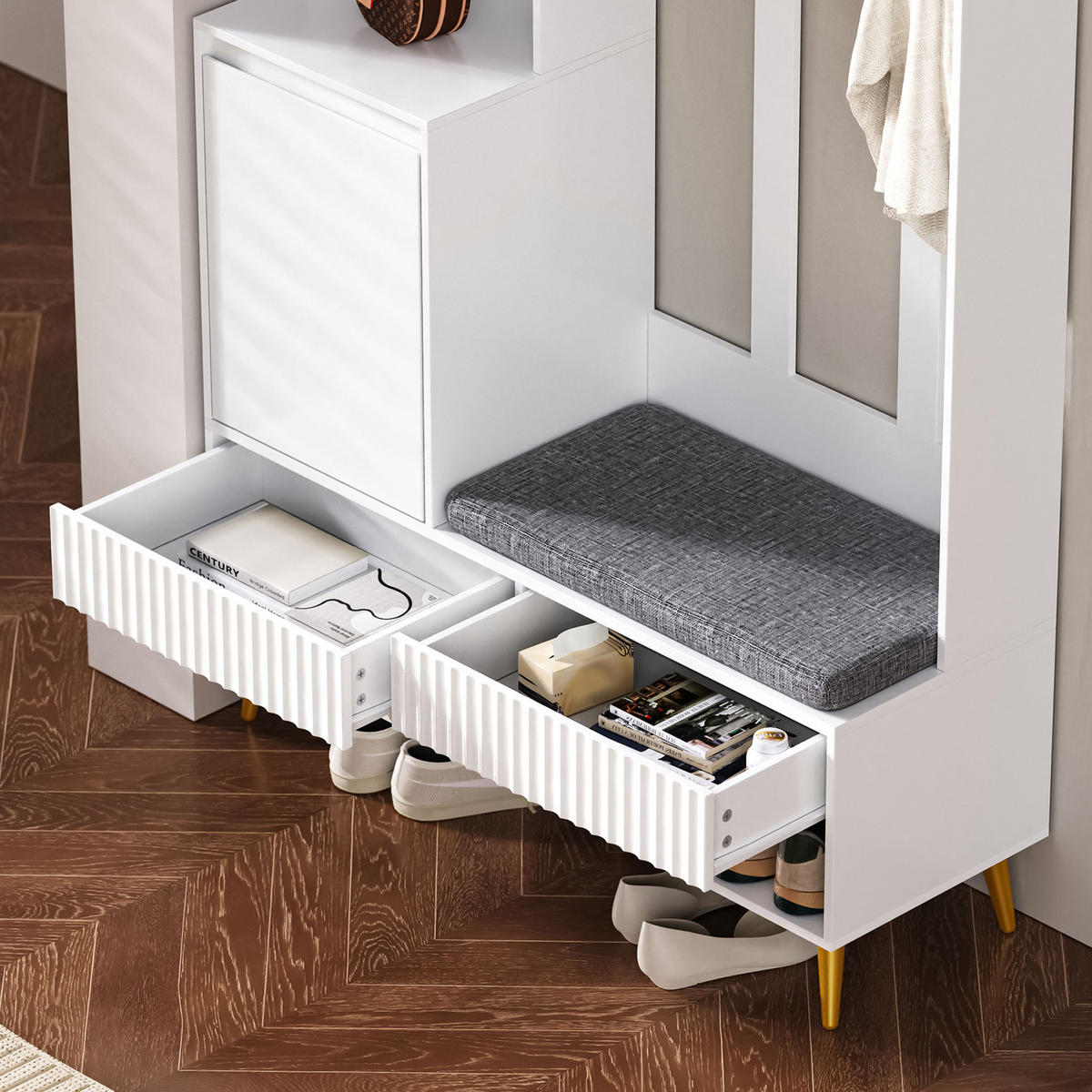 GARDEROBENSET Wandgarderobe mit Schuhbank 4 Haken Weiß 100x35x180cm - Weiß, Holzwerkstoff (35/180/100cm) - FLIEKS