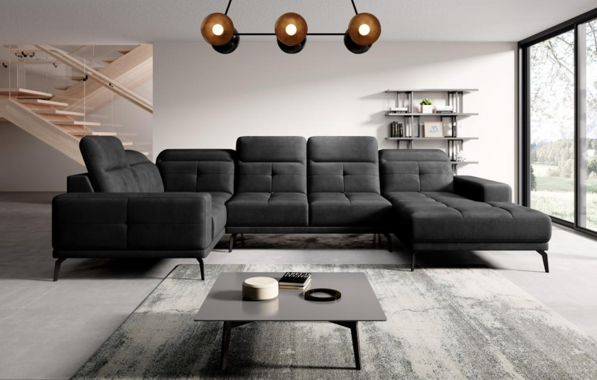 WOHNLANDSCHAFT mit Sitztiefenverstellung, wasserabweisender Nube-Stoff der Spitzenklasse - Anthrazit/Schwarz, Textil/Metall (350/77/210cm) - Eltap