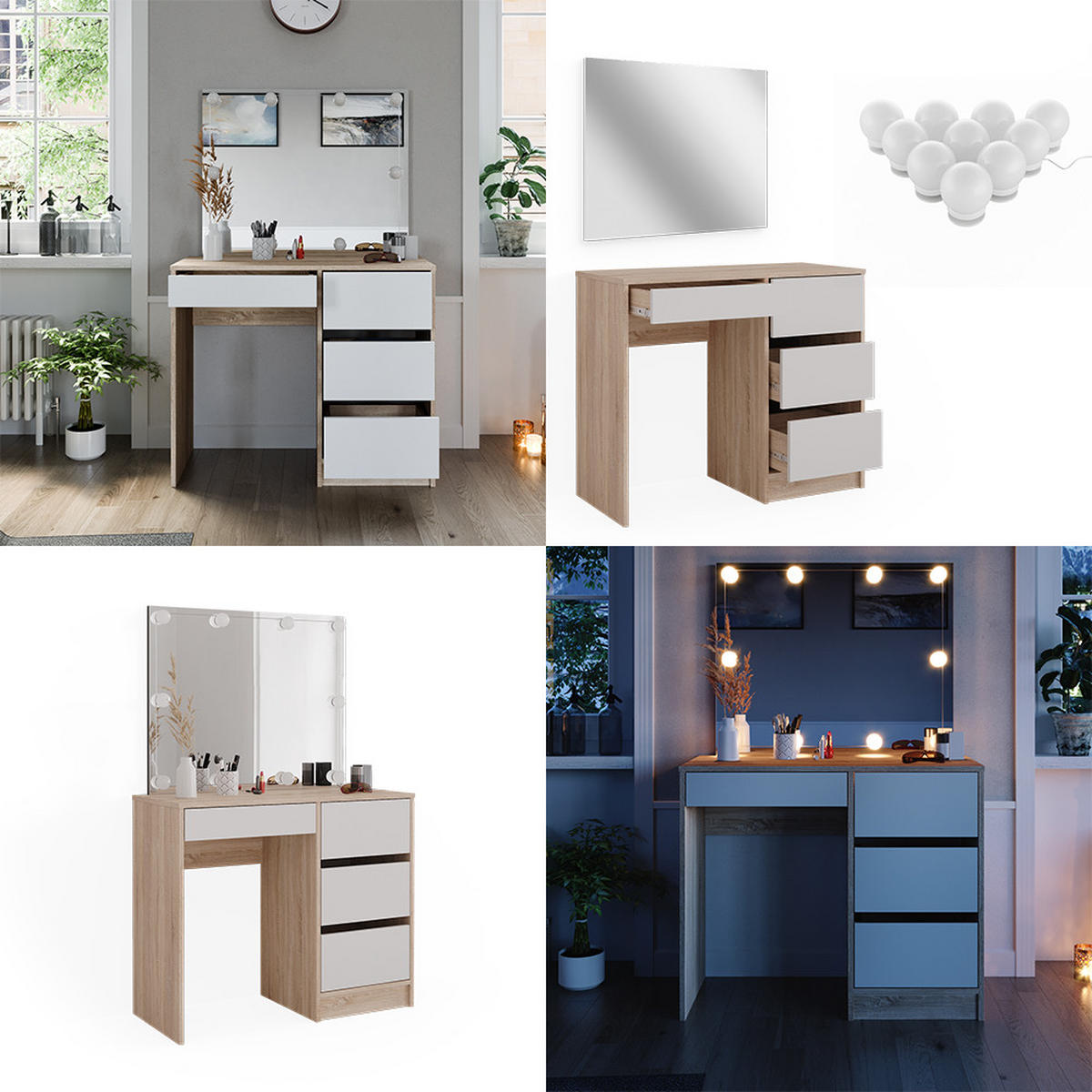 SCHMINKTISCH Sherry Sonoma 90 cm mit LED Beleuchtung - Weiß/Sonoma Eiche, Holzwerkstoff (90/75/40cm) - Vicco