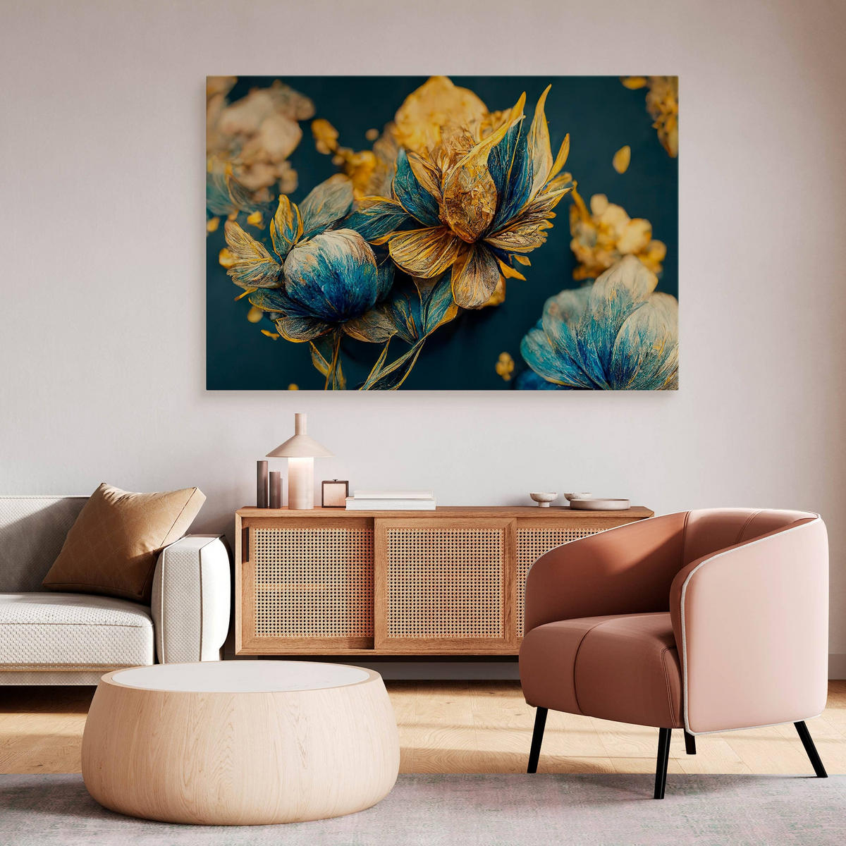 LEINWANDBILD Abstrakte Blumen 3D Glamour Stil 40cm x 30cm - Türkis/Blau, Textil (40/30cm) - Muralo