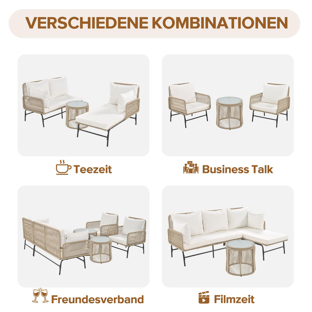 LOUNGESET 6-tlg. Beige 2 Sessel 2 Sofas 2 Tische - Beige, Metall - FLIEKS