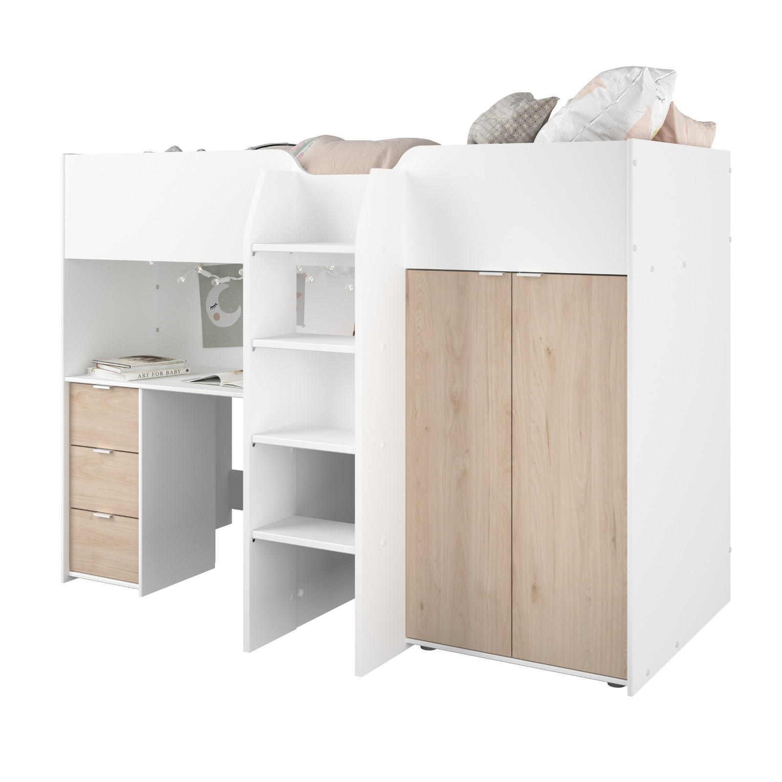 HOCHBETT mit Kleiderschrank und Schreibtisch Bett 90 x 200 cm - Eichefarben/Silberfarben, Holz/Holzwerkstoff (90/200cm) - Parisot Meuble