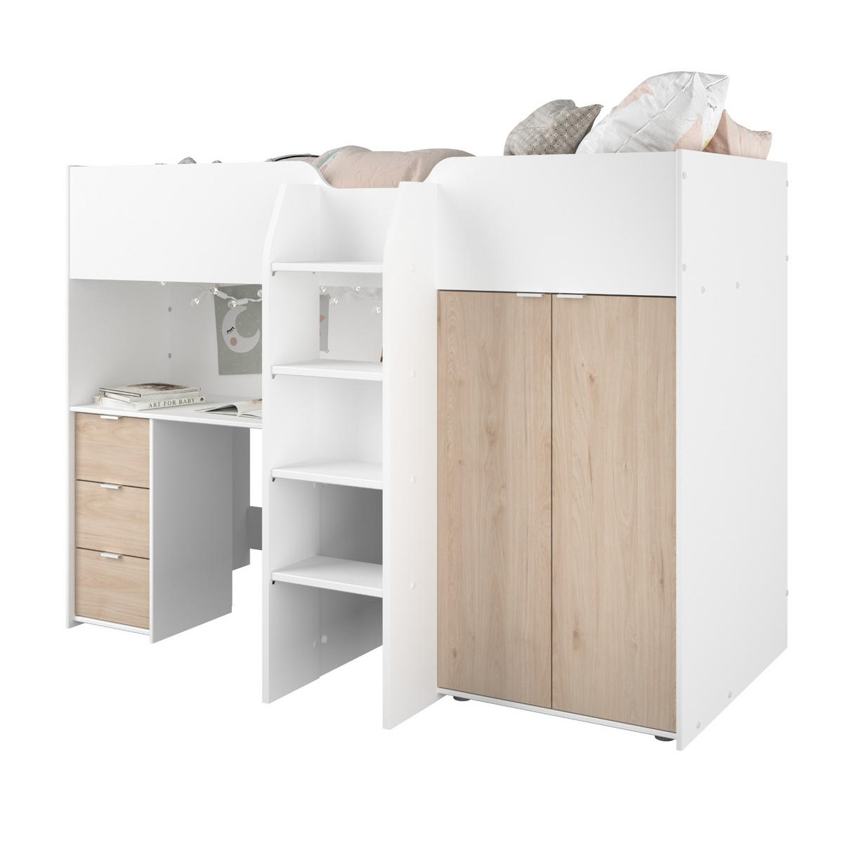 HOCHBETT mit Kleiderschrank und Schreibtisch Bett 90 x 200 cm - Eichefarben/Silberfarben, Holz/Holzwerkstoff (90/200cm) - Parisot Meuble