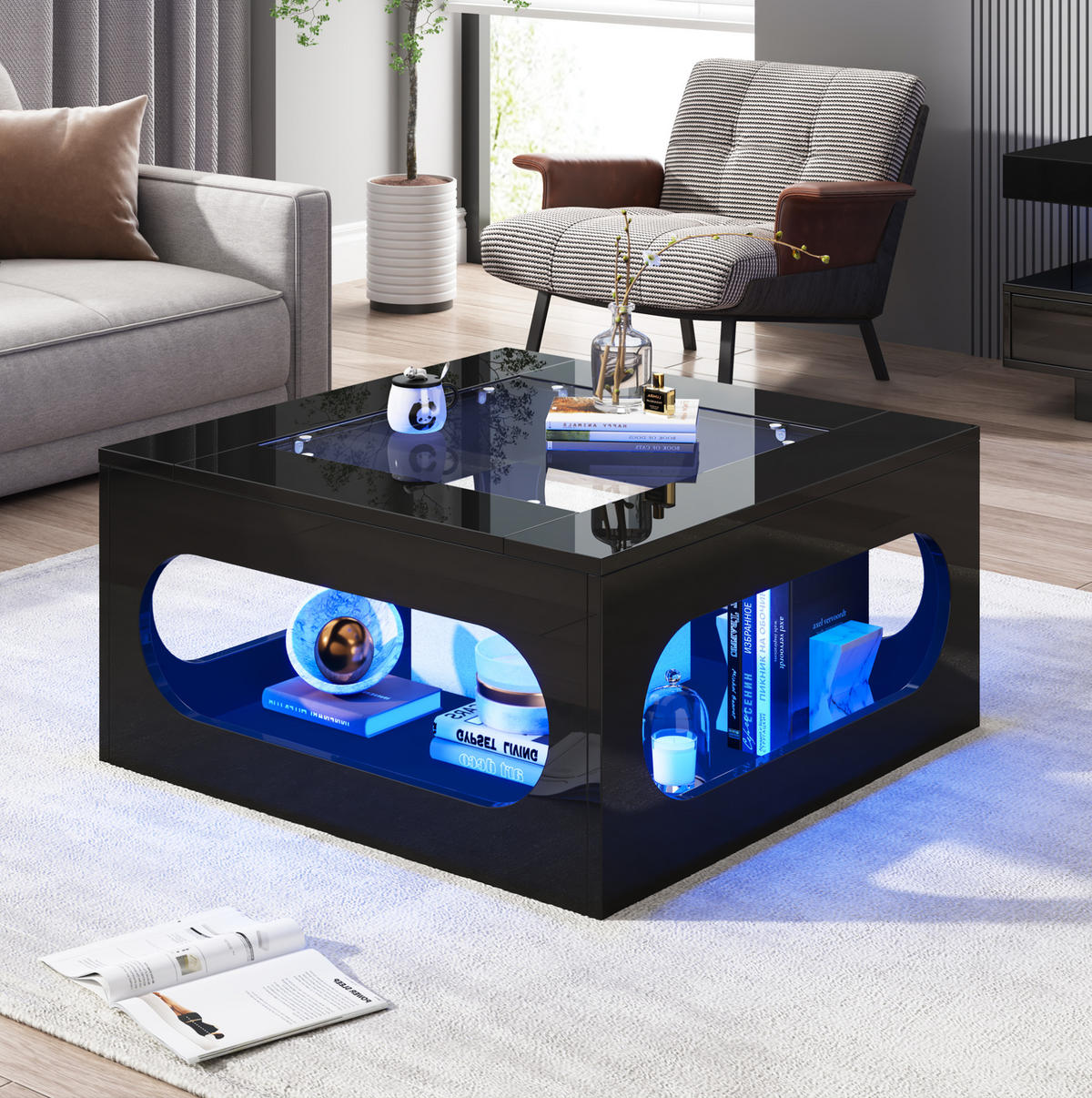 COUCHTISCH 70/70/35 cm schwarz aus MDF mit Glasplatte und LED-Beleuchtung - Schwarz, Holzwerkstoff (70/70/35cm) - OKMYHOME