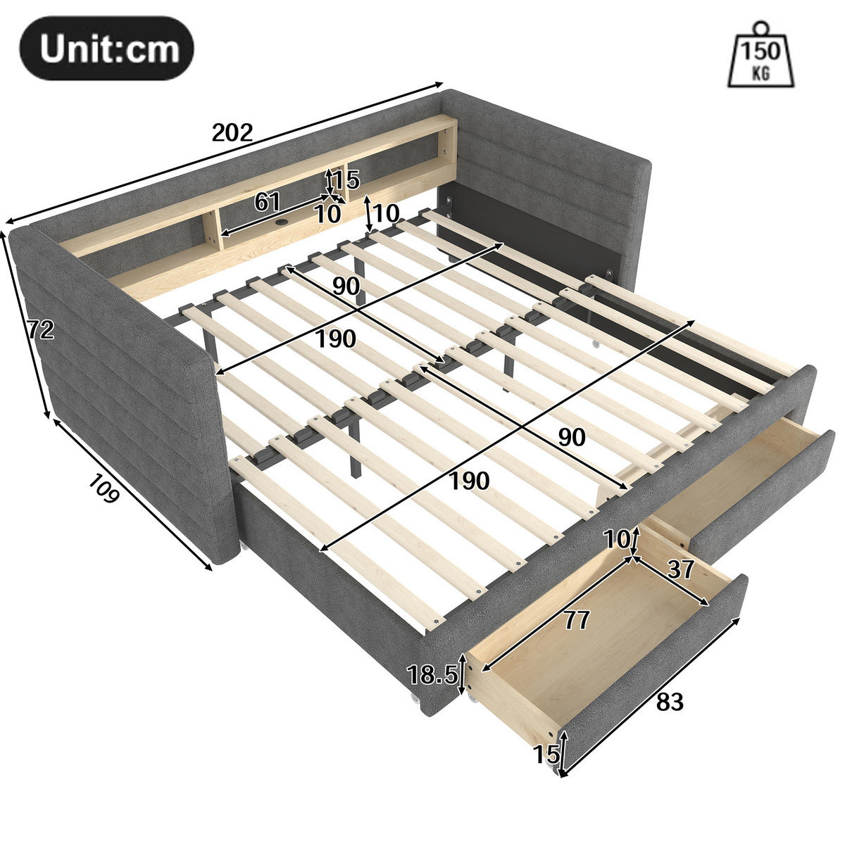 ROZKLADACIA posteľ 90/190 cm sivá zo zamatu a MDF s LED osvetlením portmi USB a typu C a zásuvkami - sivá, textil (90/190cm) - OKWISH