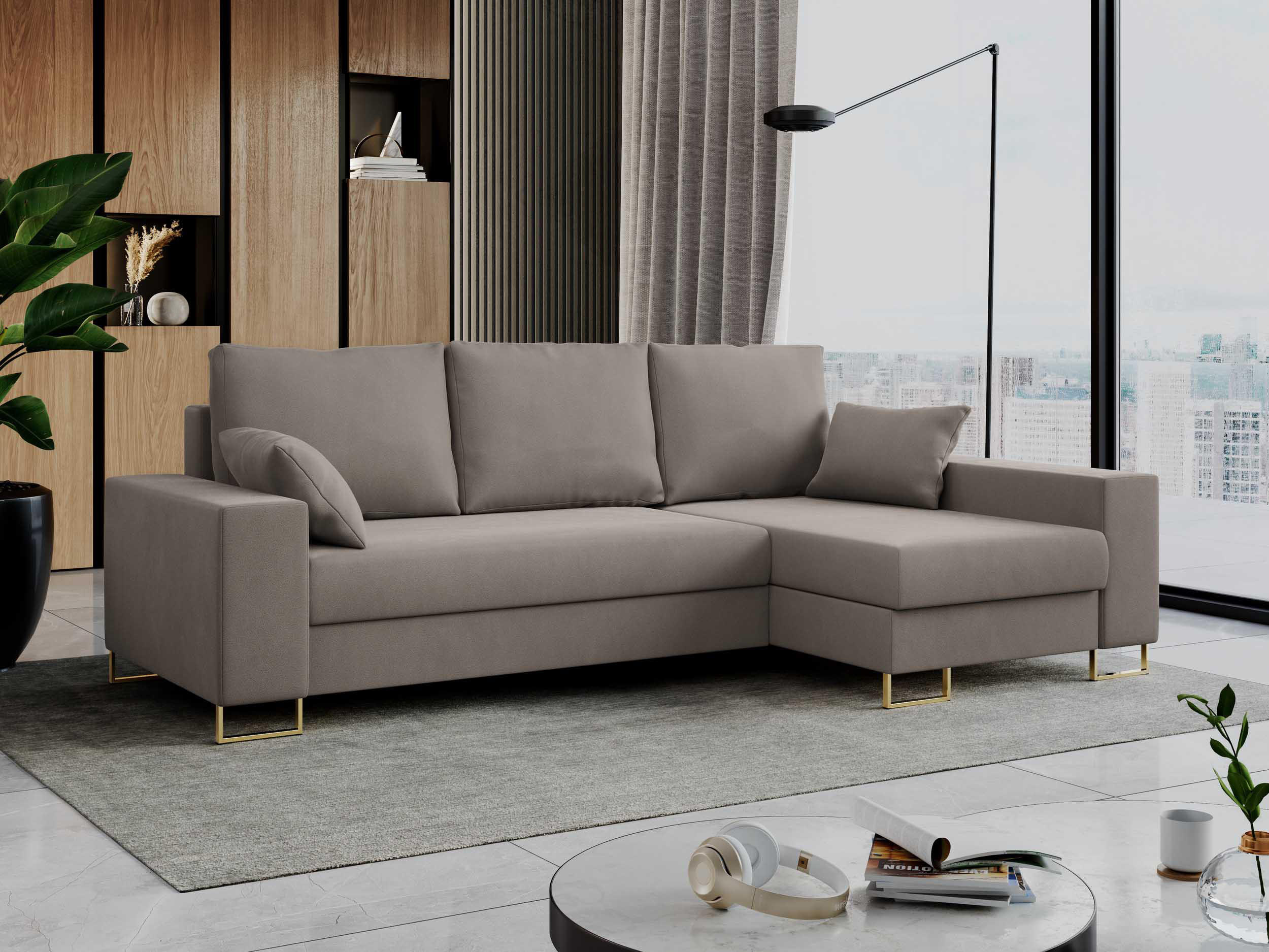 ECKSOFA Dorian Velvet Hellbraun - Hellbraun/Goldfarben, Textil/Metall (242/138cm) - MKS