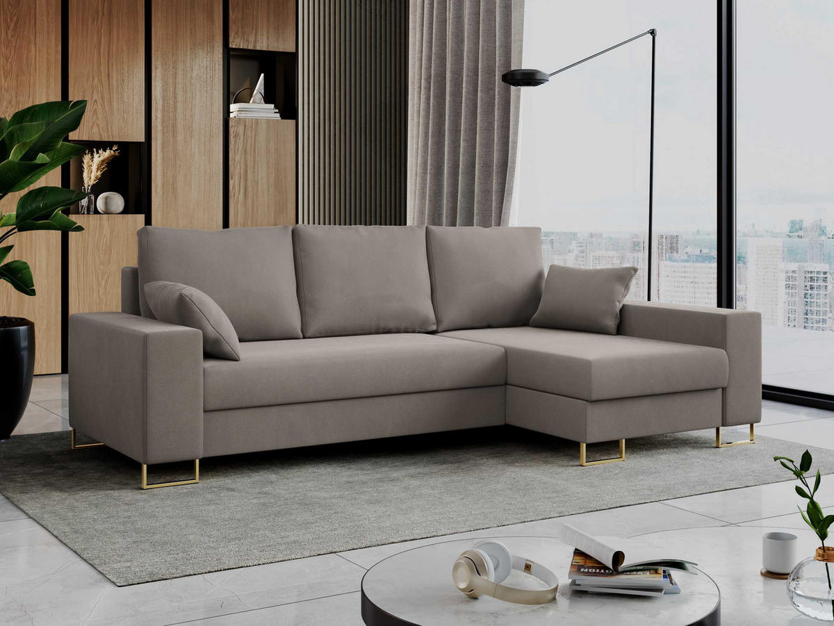 ECKSOFA Dorian Velvet Hellbraun - Hellbraun/Goldfarben, Textil/Metall (242/138cm) - MKS