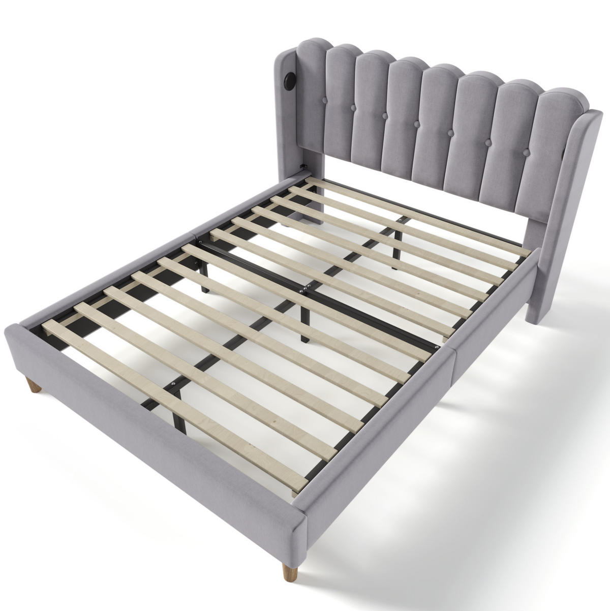 POLSTERBETT 160/200 cm mit USB- und Typ-C-Anschluss, gepolstertem Kopfteil und Matratze, Grau - Grau, Textil (160/200cm) - Redom