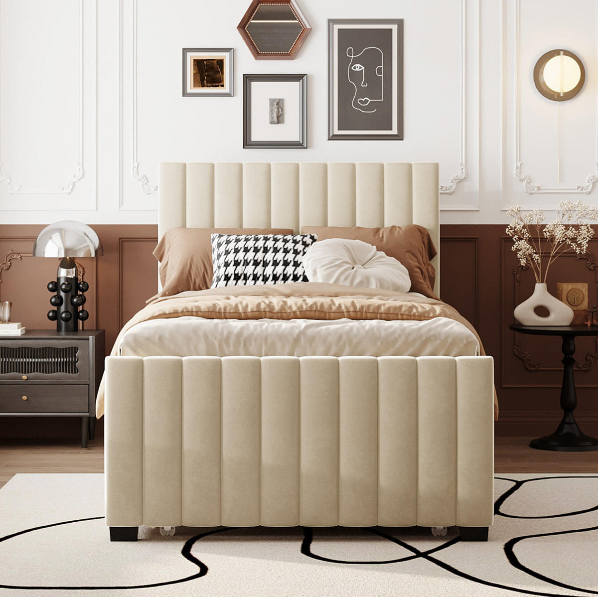 ČALÚNENÁ posteľ 90/190 cm s výsuvným lôžkom, klasický minimalistický dizajn a zamatový poťah, Béžová - béžová, textil (90/190cm) - Redom