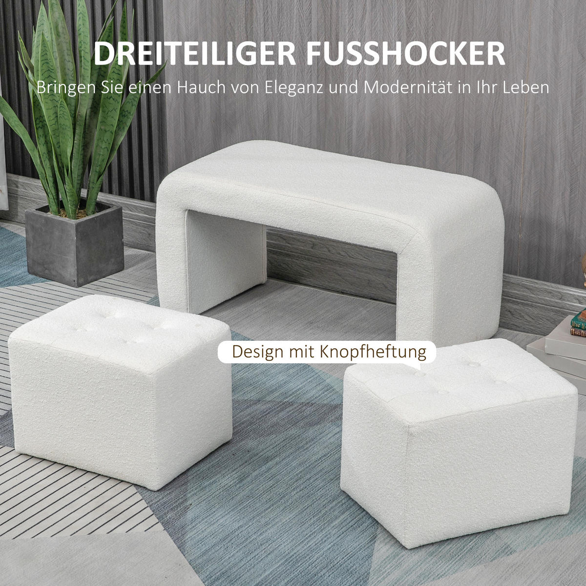 FUSSHOCKER 3 tlg., Sitzhocker, Weiß - Weiß, Kunststoff (42.5/45/89cm) - HOMCOM