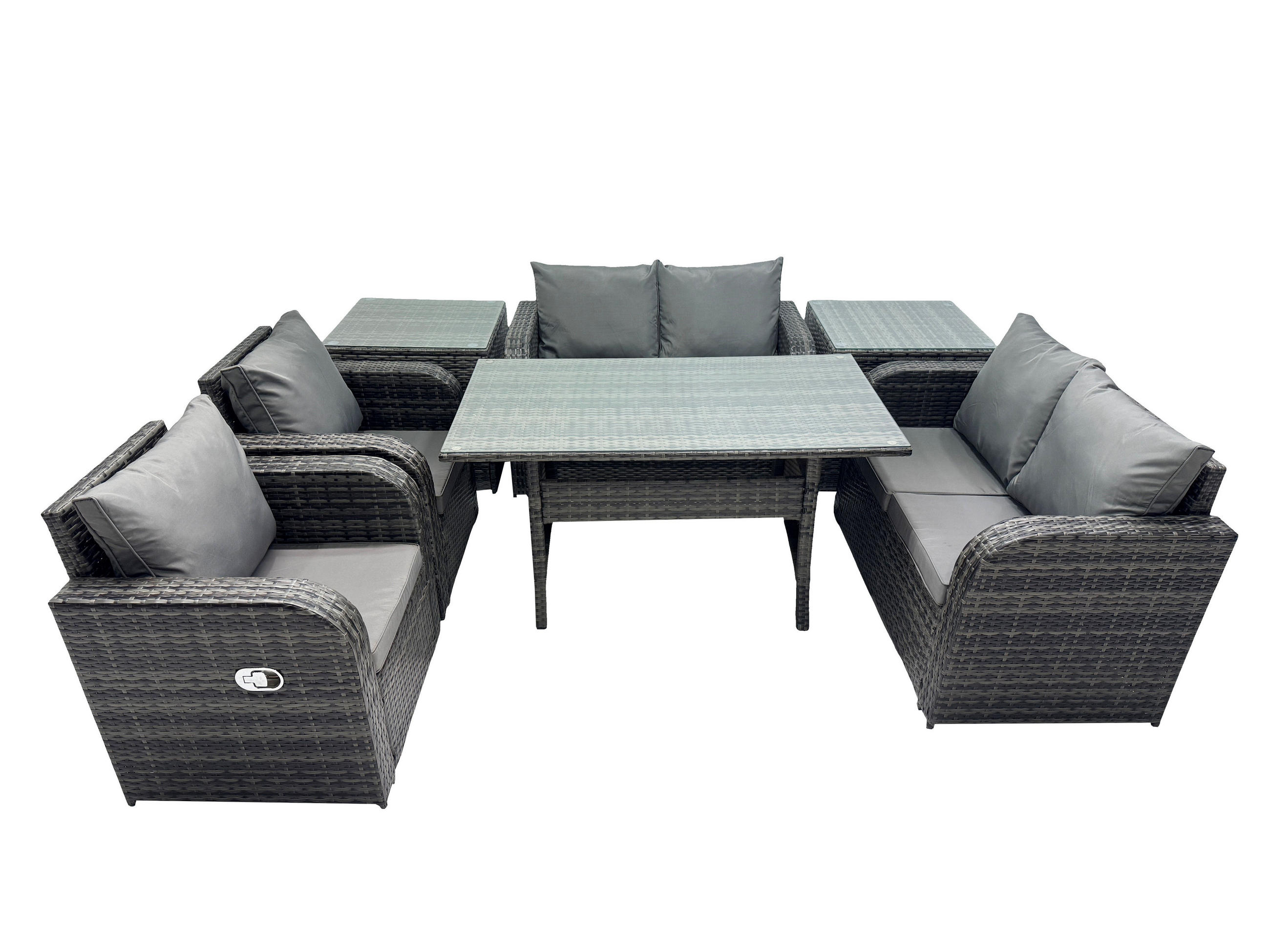 GARTENSET mit Zweisitzer,Esstisch,Beistelltischen Polyrattan 6-Sitzer - Dunkelgrau/Grau, Glas/Kunststoff - Fimous