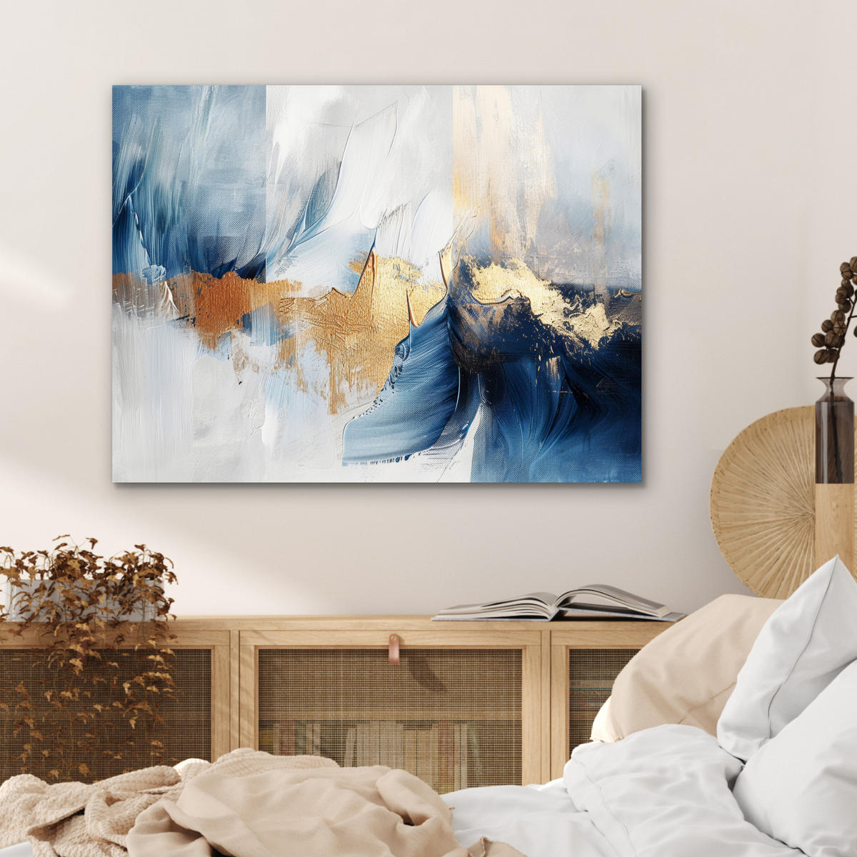 KOVOVÝ OBRAZ Zlatá - modrá - akvarel - umenie - moderné 80x60 cm - svetlomodrá, kov (80/60cm) - MuchoWow