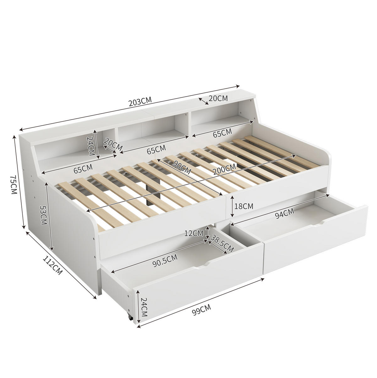 TAGESBETT 90/200 cm mit 2 Schubladen und 3 Ablagefächern aus Kiefern und MDF, Weiß - Weiß, Holzwerkstoff (90/200cm) - Redom