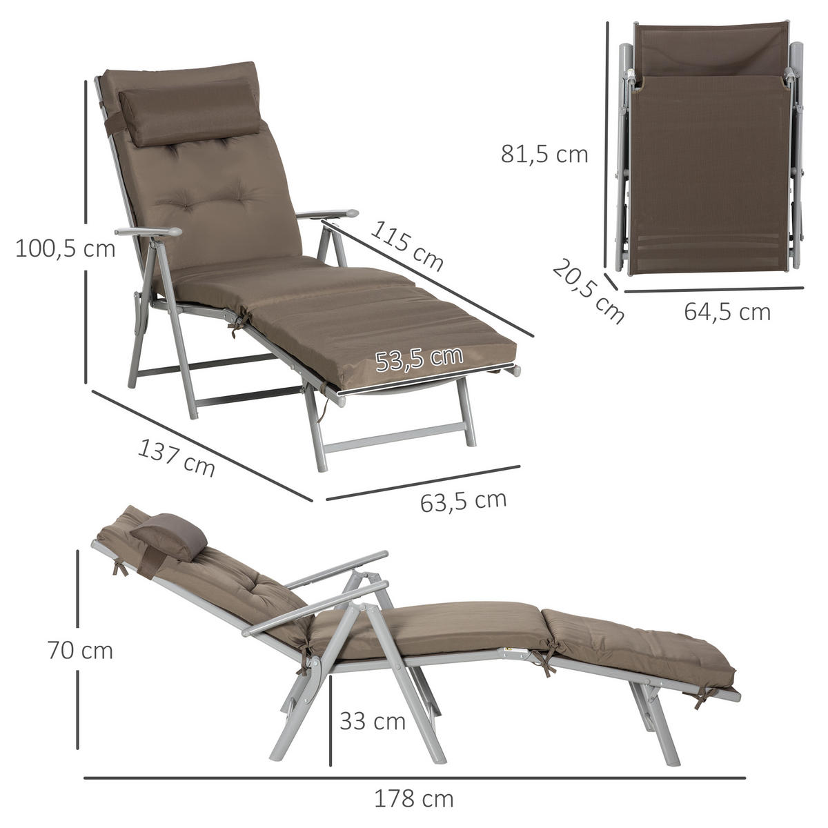 SONNENLIEGE, klappbar, 137 x 63,5 x 100,5 cm, Metall, Stoff, Braun+Silber - Braun, Kunststoff (63.5/100.5/137cm) - Outsunny