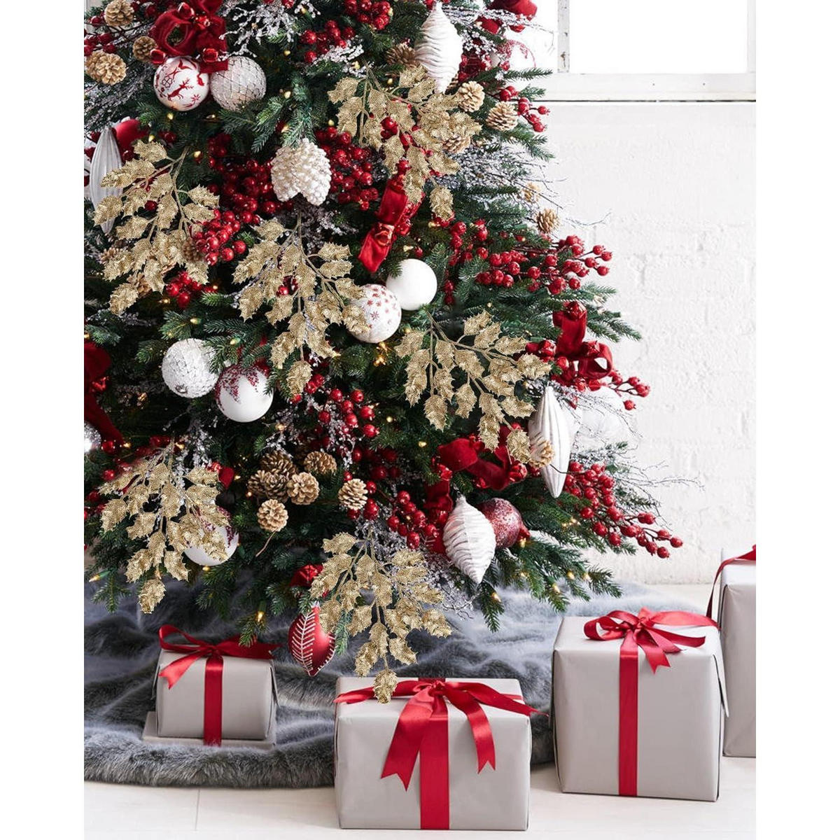 KUNSTZWEIG 6-teiliges Set Glitzernde Eichenblätter Champagne 58 cm - Goldfarben, Kunststoff (58.4cm)