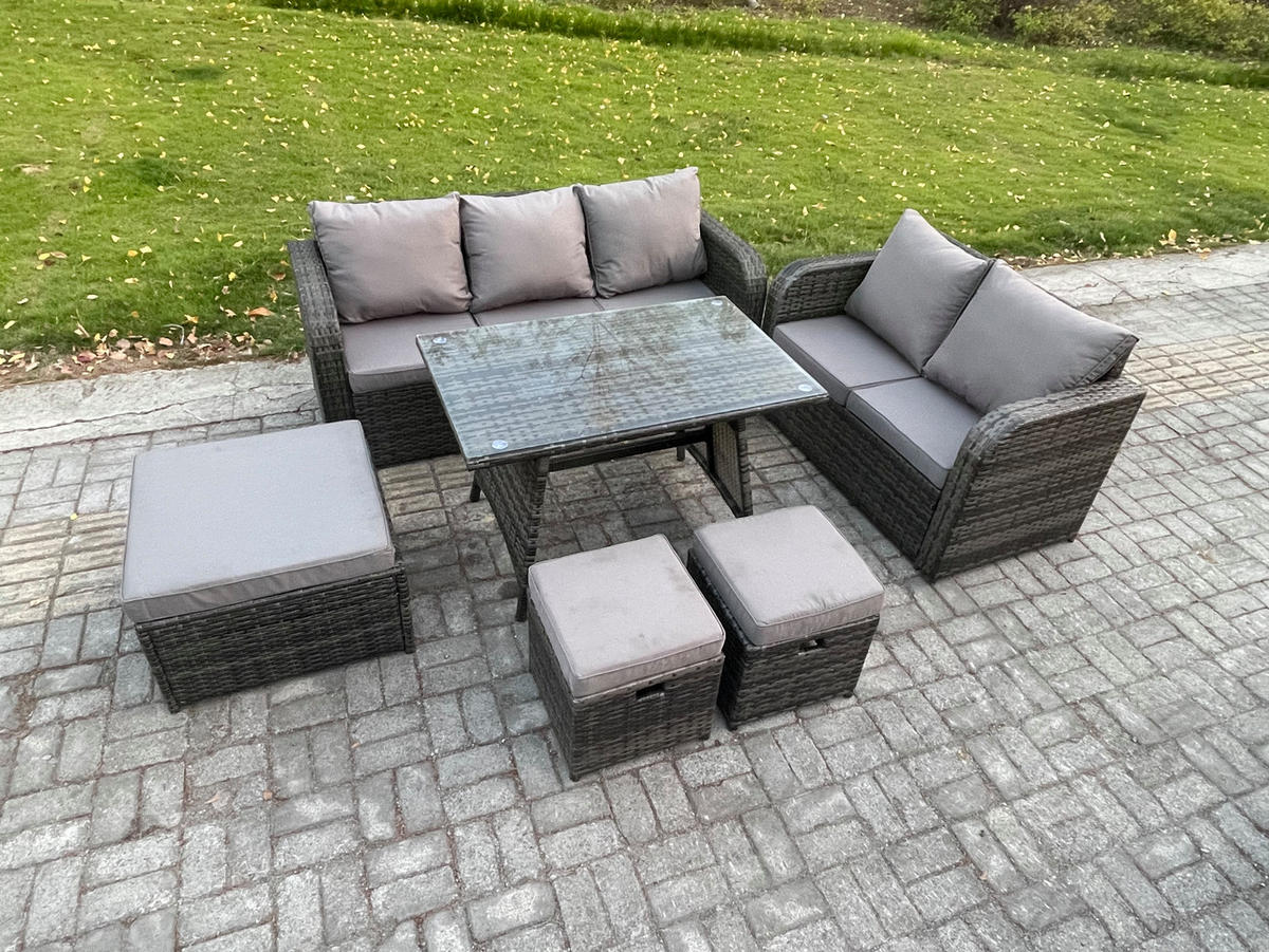 GARTENMÖBELSET mit ESSTISCH,SOFA Polyrattan 8-Sitzer - Dunkelgrau/Grau, Glas/Kunststoff - Fimous