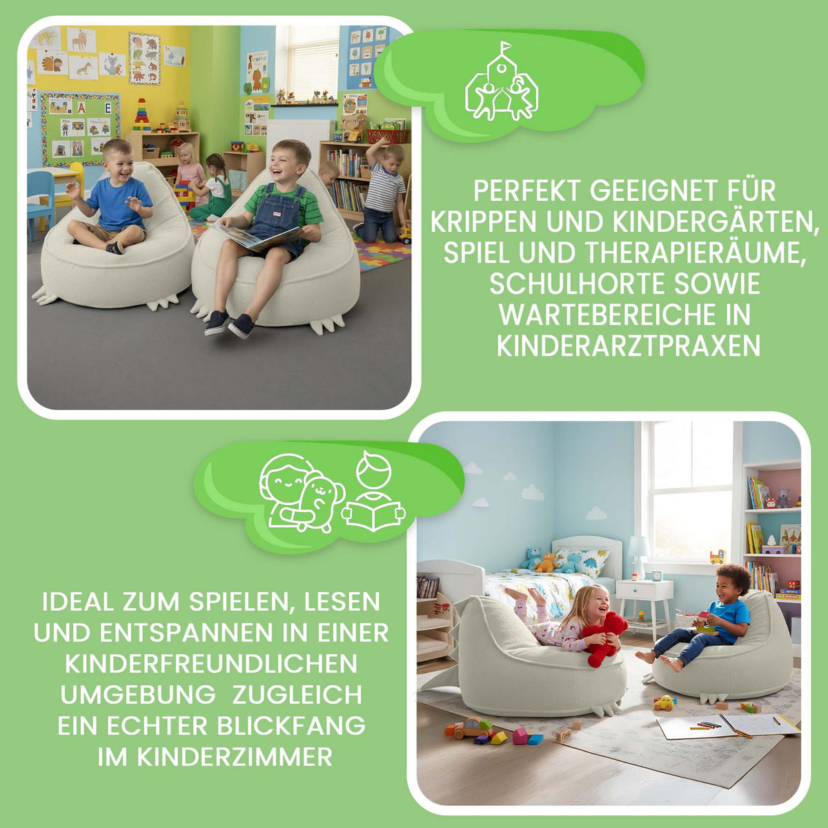 SITZSACK FÜR KINDER Dino 75/75/55 cm, weicher Bouclé 315 g/m², abnehmbarer Bezug, Lamb Cloud - Creme, Textil (75/55/75cm) - Dreamroots
