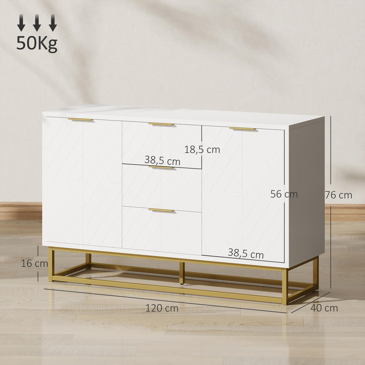 SIDEBOARD Weiß Goldfarben 120/40/76 cm - Weiß, Holz (120/76/40cm) - PANGIVO