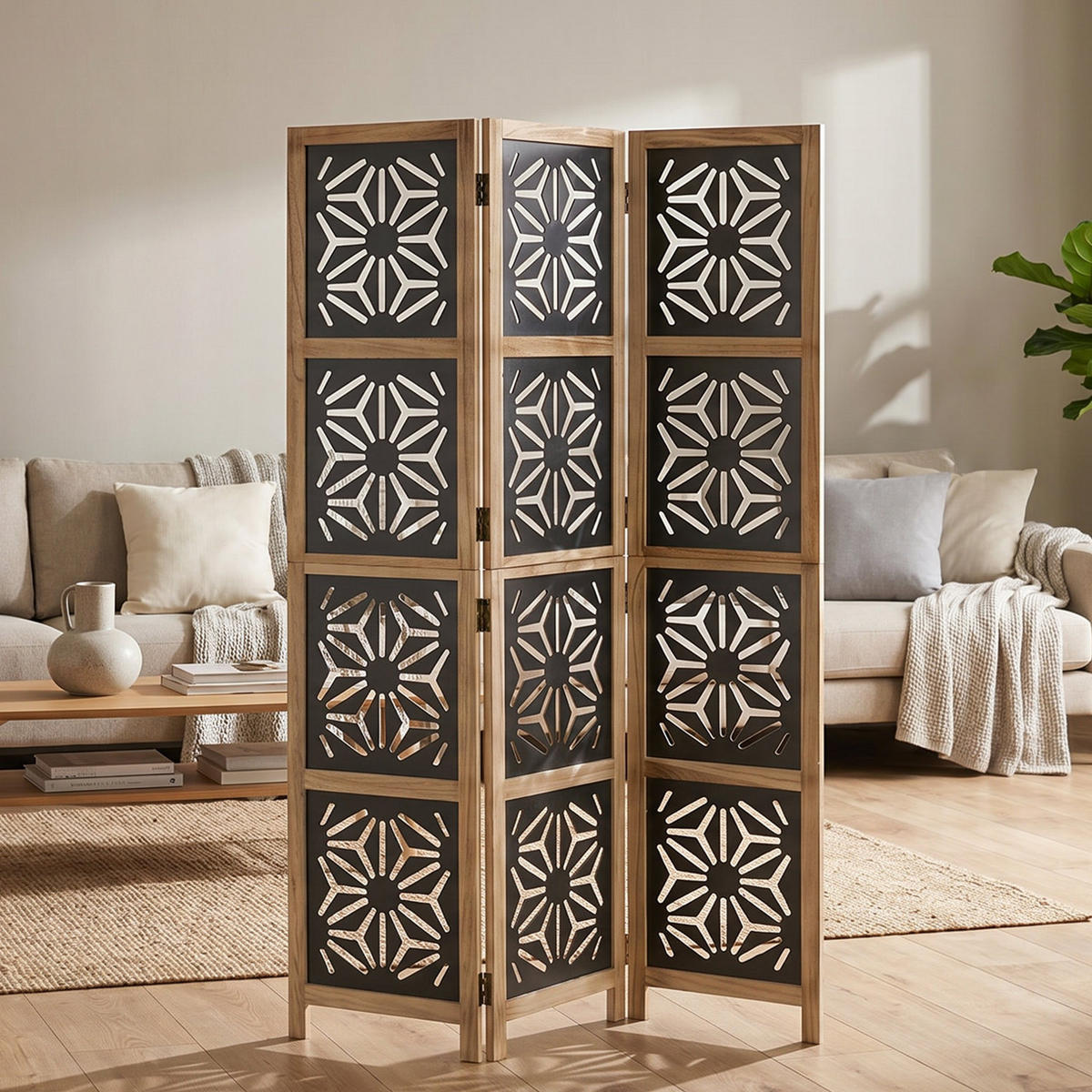 PARAVENT 3-tlg. 120/170 cm Braun Holz-Ornamentik - Braun, Holz (120/170/2cm) - Homestyle4u