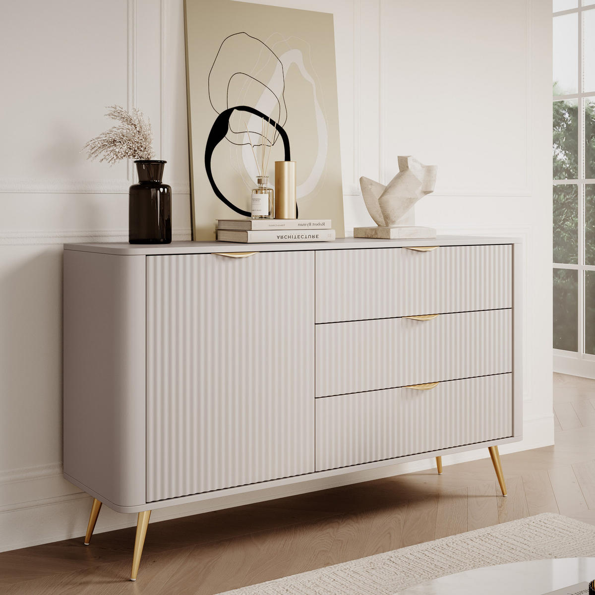 SIDEBOARD Flore 138 cm Beige / Gold - mit 3 Schubladen und 1 Tür - Riffel-Optik - Beige/Gelb, Holz/Holzwerkstoff (138/81/38cm) - Ravio