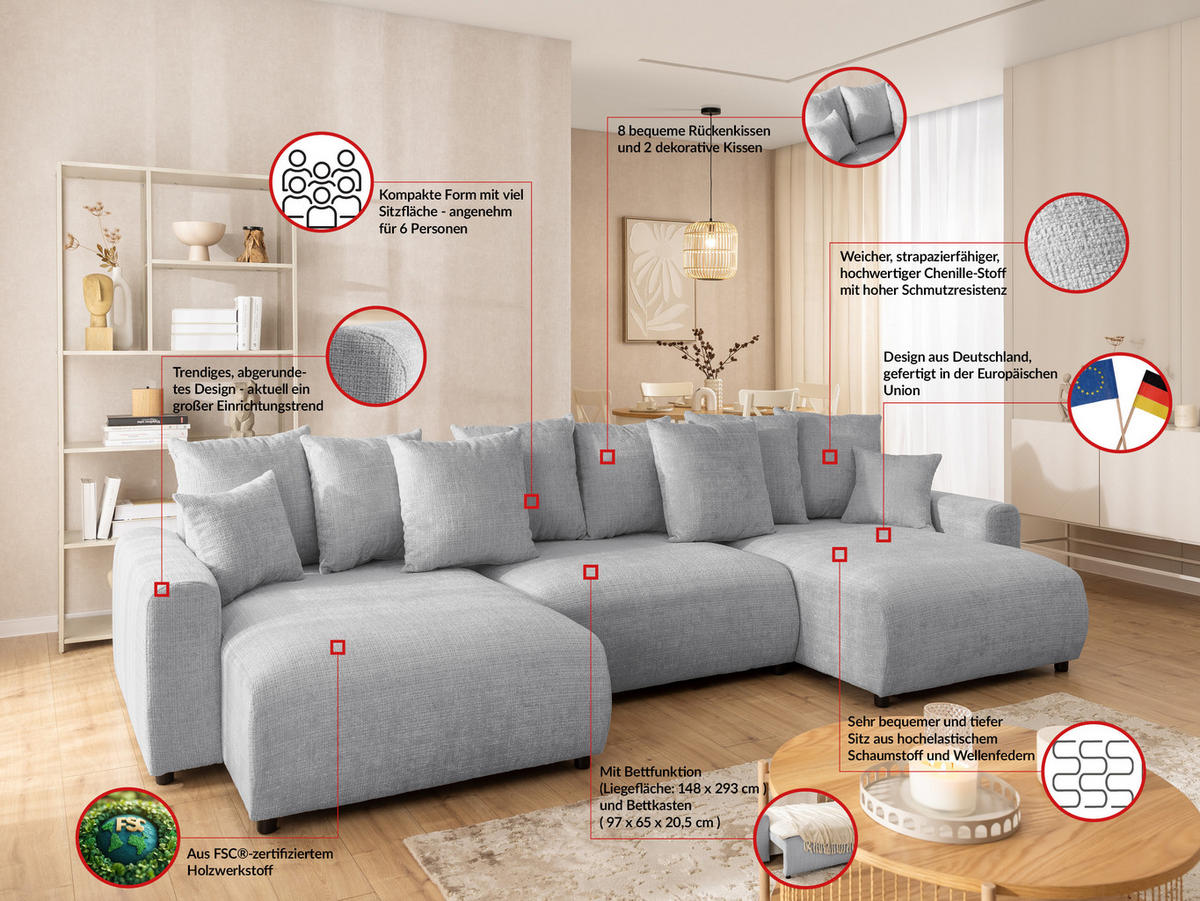 WOHNLANDSCHAFT Calma mit Schlaffunktion und Bettkasten im Bumpy-Design aus weichem Hellgrau Chenille-Stoff - Hellgrau/Schwarz, Holz/Kunststoff (336/88/140cm) - S-Style Möbel