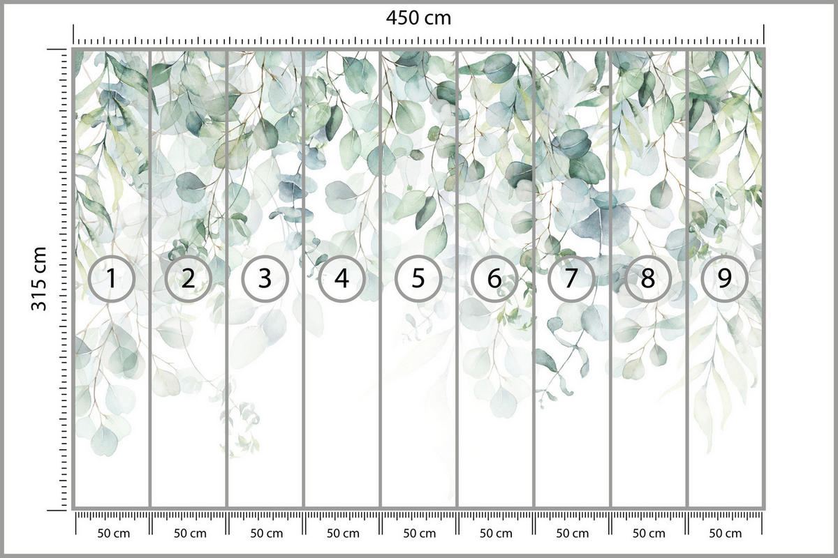 FOTOTAPETE Aquarell Eukalyptusblätter Pflanzen Natur 450x315 - Weiß/Grün, Papier (450/315cm) - Muralo