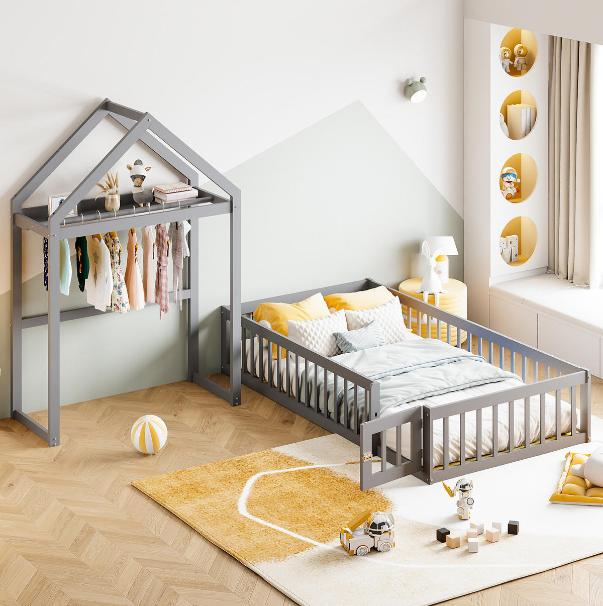 HAUSBETT aus 90x200 cm Grau mit Dach, Stauraum, Tür und Lattenrost - Grau, Holzwerkstoff (90/200cm) - Modfu