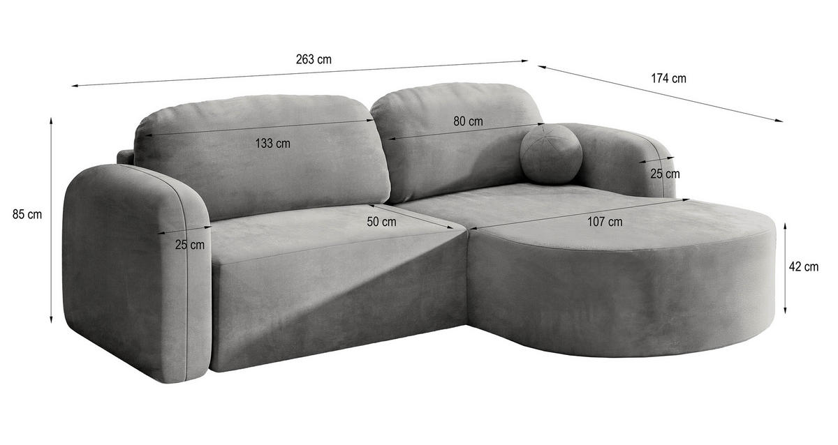 ECKSOFA AMILIA M R-S Blau Velours-Stoff mit Schlaffunktion - Blau, Holz (263/174cm) - MASSENO